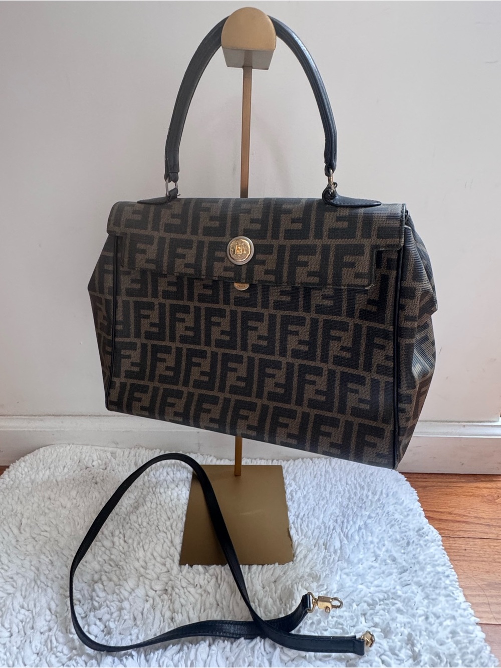 authentic Fendi Brown/Black FF Logo Shoulder Bag with Detachable Strap